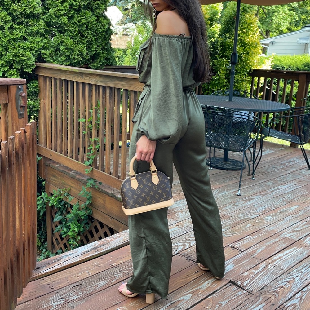 Olive Green Satin Off the Shoulder Jumpsuit